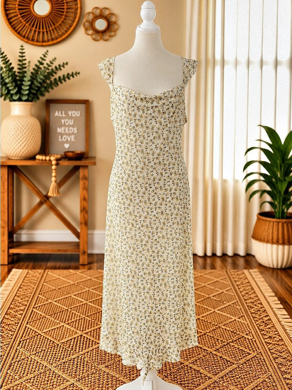 Kirious Cowl-Neck Dress with Tie Shoulder Straps Floral Maxi Dress Cream & Yello